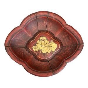 Vintage Hand Created Chinese Carved Wooden Red Gold Bowl